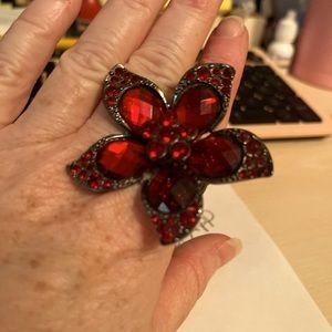 Beautiful red big flower ring with elastic band so it fits anyone and any finger
